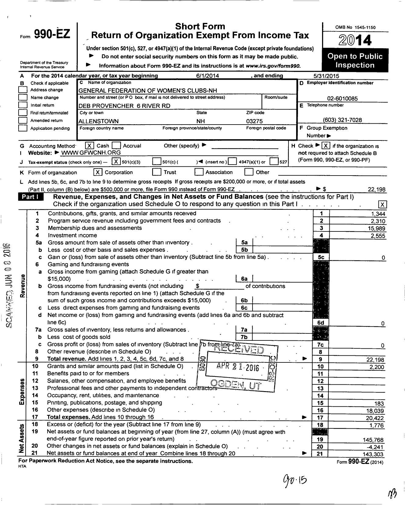 Image of first page of 2014 Form 990EZ for General Federation of Women's Clubs - NH