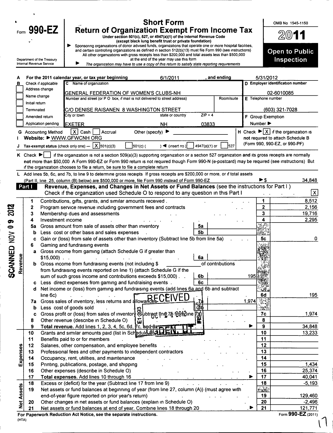 Image of first page of 2011 Form 990EZ for General Federation of Women's Clubs - NH