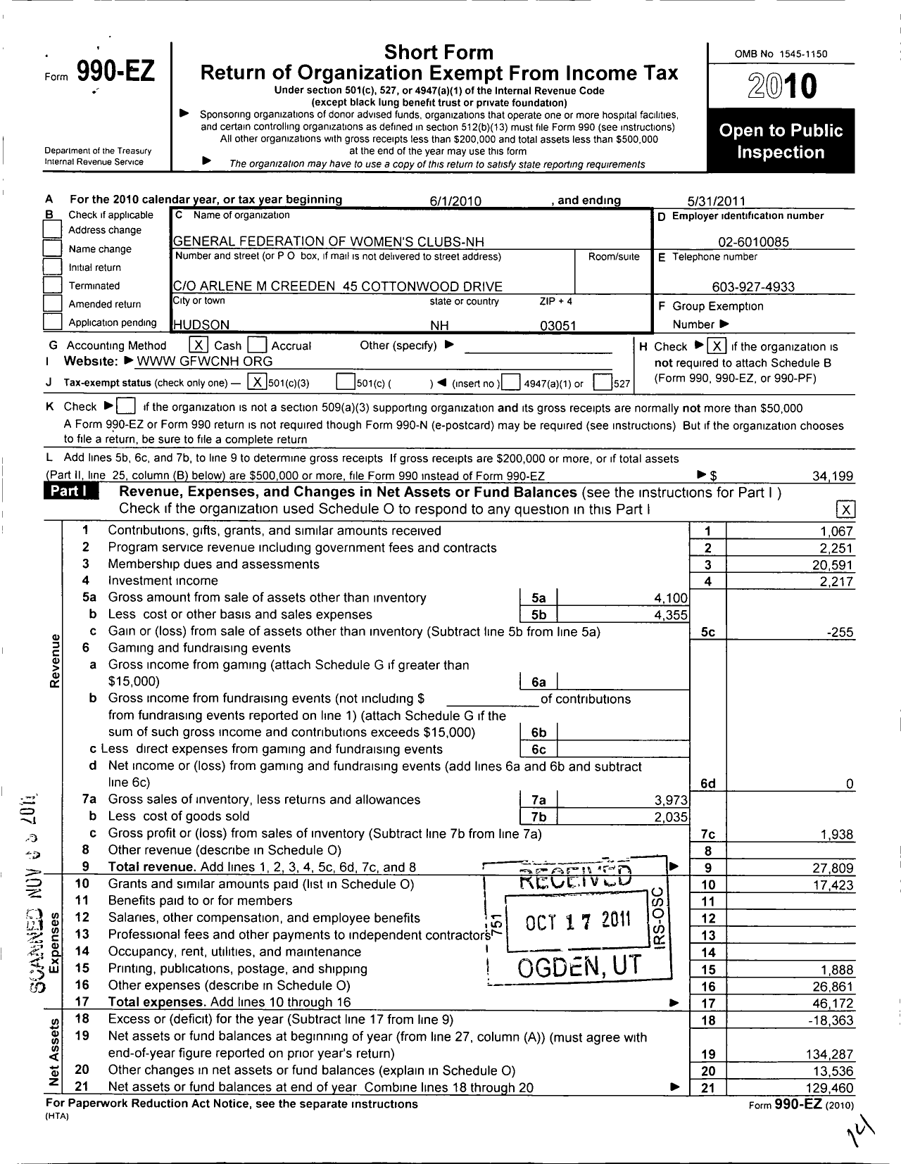 Image of first page of 2010 Form 990EZ for General Federation of Women's Clubs - NH