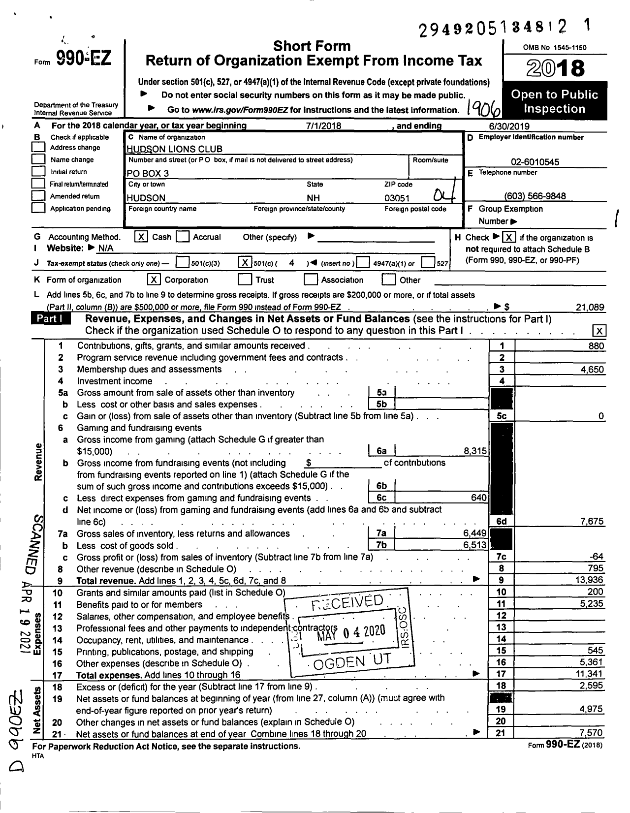 Image of first page of 2018 Form 990EO for Lions Clubs - 14183 Hudson Lions Club