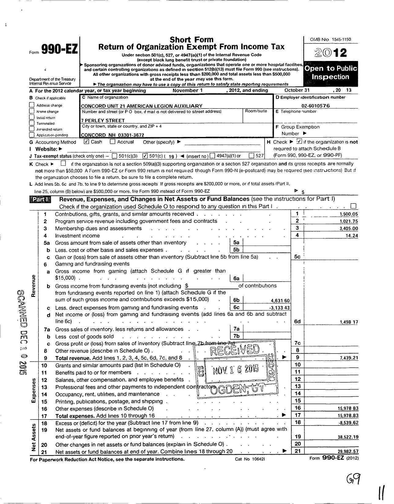 Image of first page of 2012 Form 990EO for American Legion Auxiliary / 21 Concord