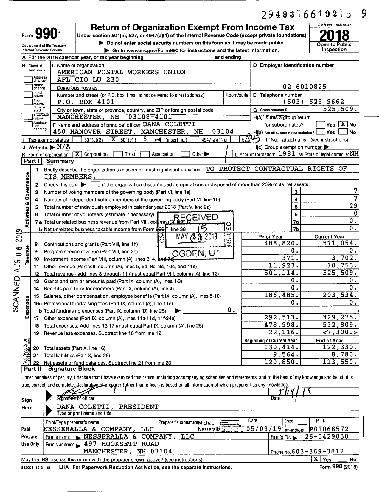 Image of first page of 2018 Form 990O for American Postal Workers Union - 230 Manchester Area Local