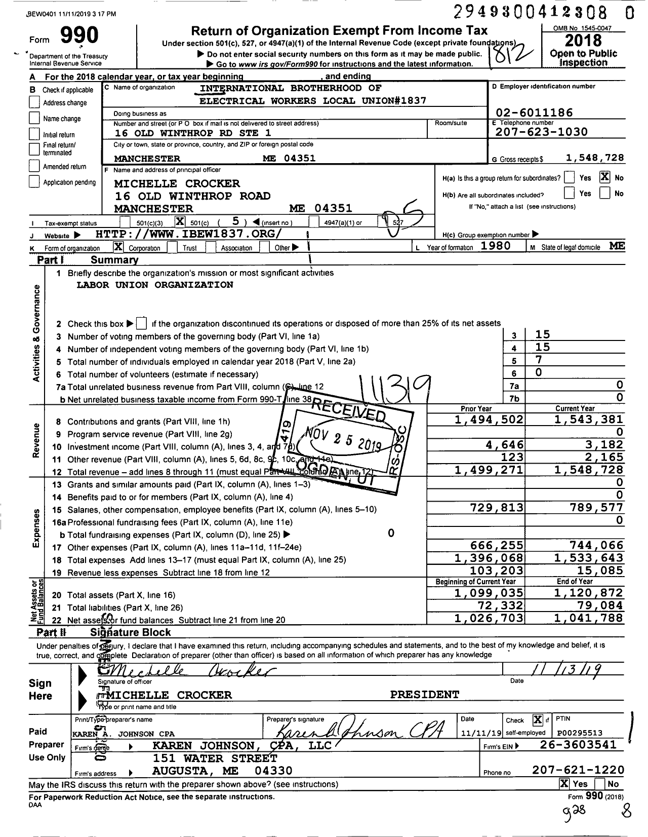 Image of first page of 2018 Form 990O for International Brotherhood of Electrical Workers - 1837 Local Union