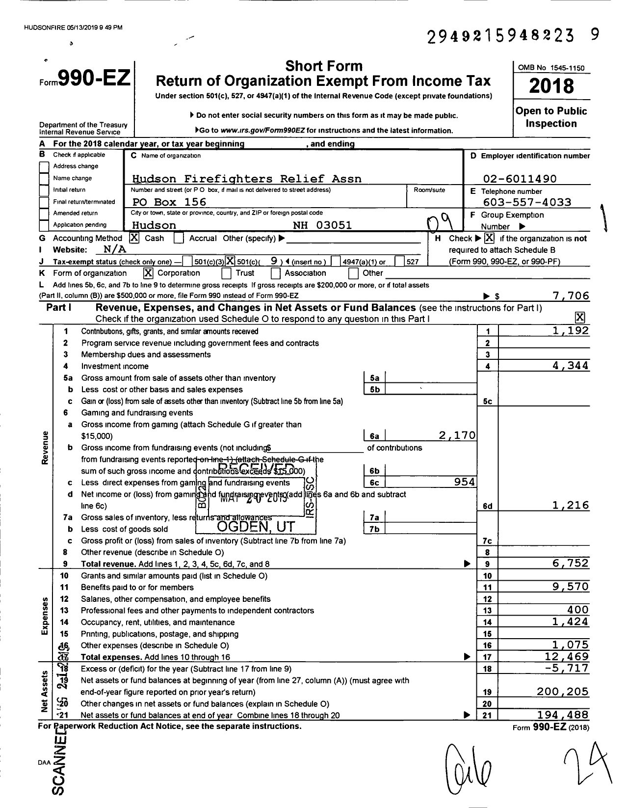 Image of first page of 2018 Form 990EO for Hudson Firefighters Relief Association