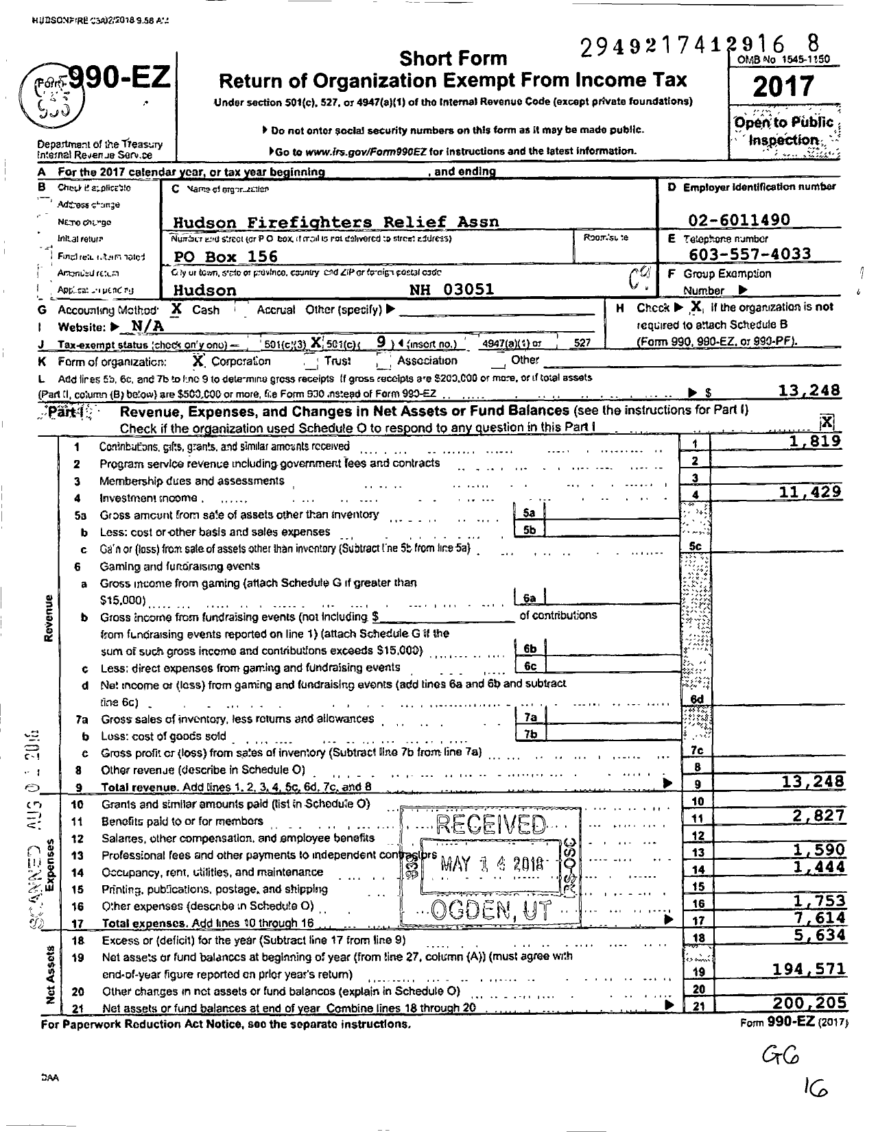 Image of first page of 2017 Form 990EO for Hudson Firefighters Relief Association