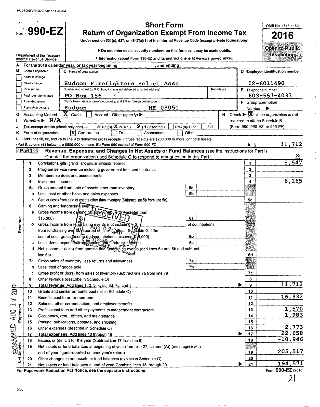 Image of first page of 2016 Form 990EO for Hudson Firefighters Relief Association