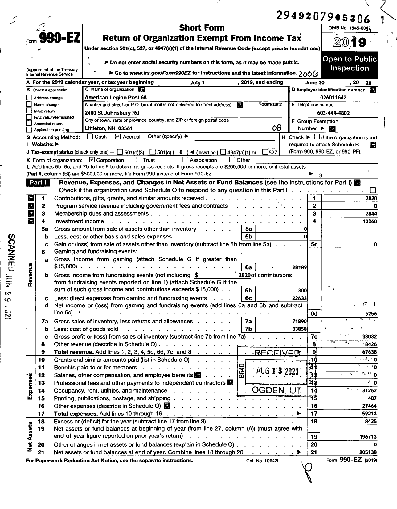 Image of first page of 2019 Form 990EO for AMERICAN LEGION Strong Nourse Post 68