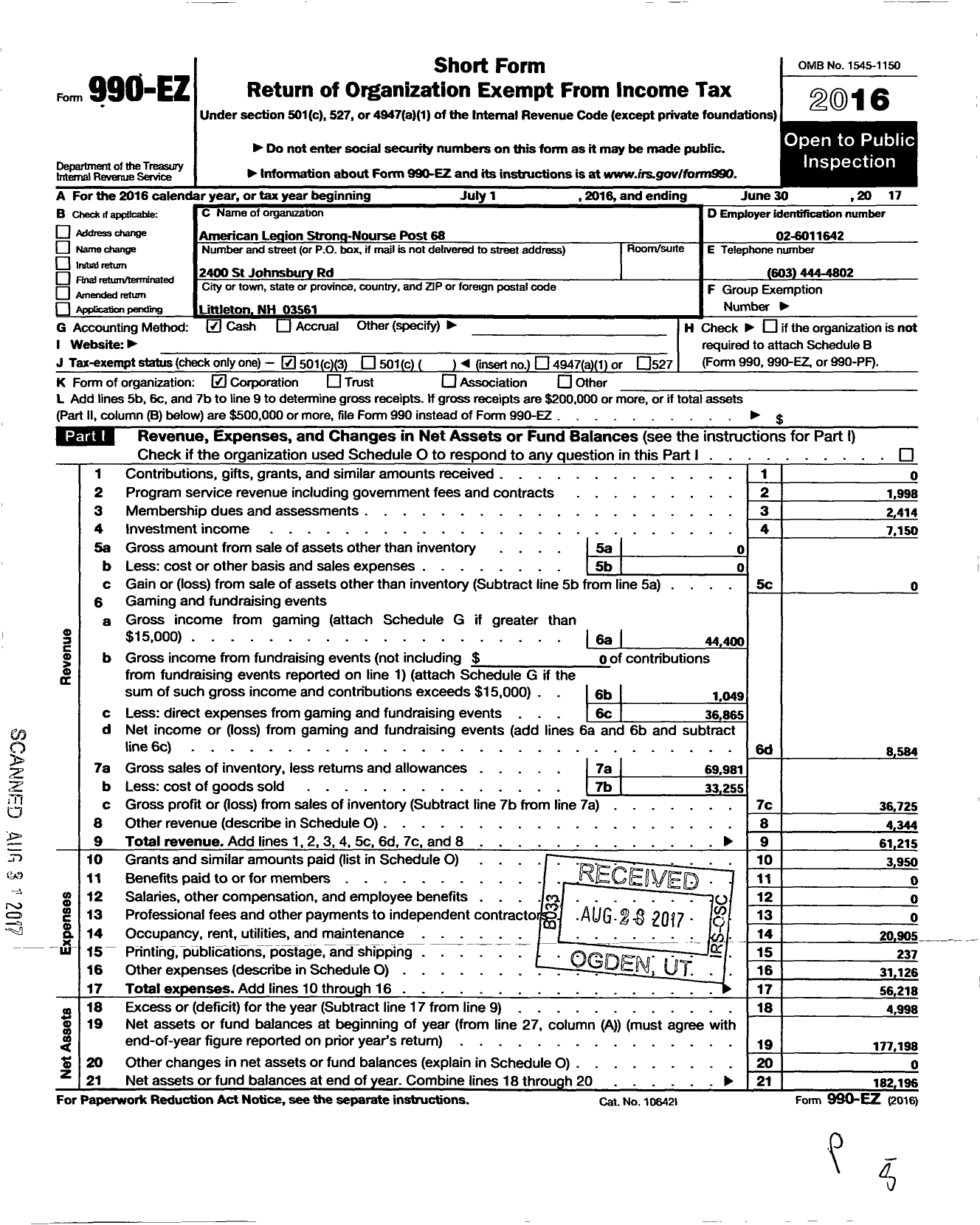 Image of first page of 2016 Form 990EZ for AMERICAN LEGION Strong Nourse Post 68