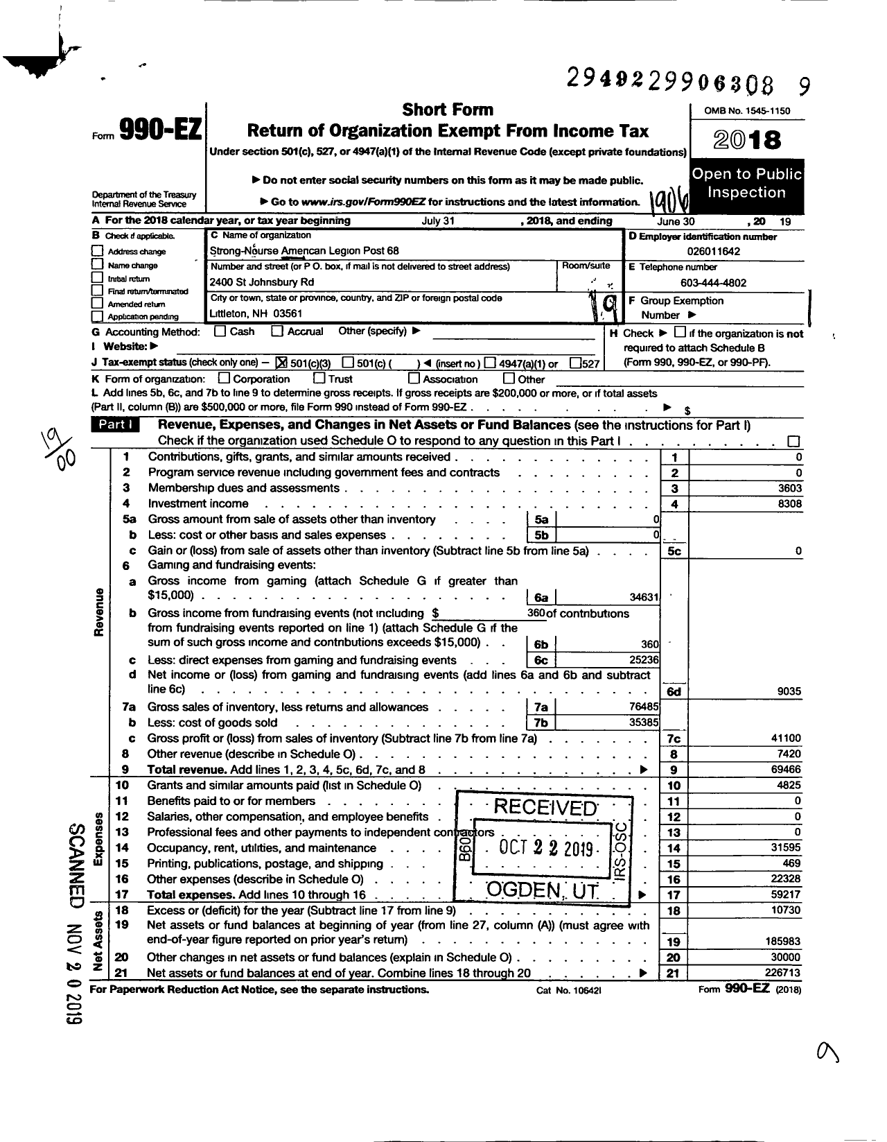 Image of first page of 2018 Form 990EO for AMERICAN LEGION Strong Nourse Post 68