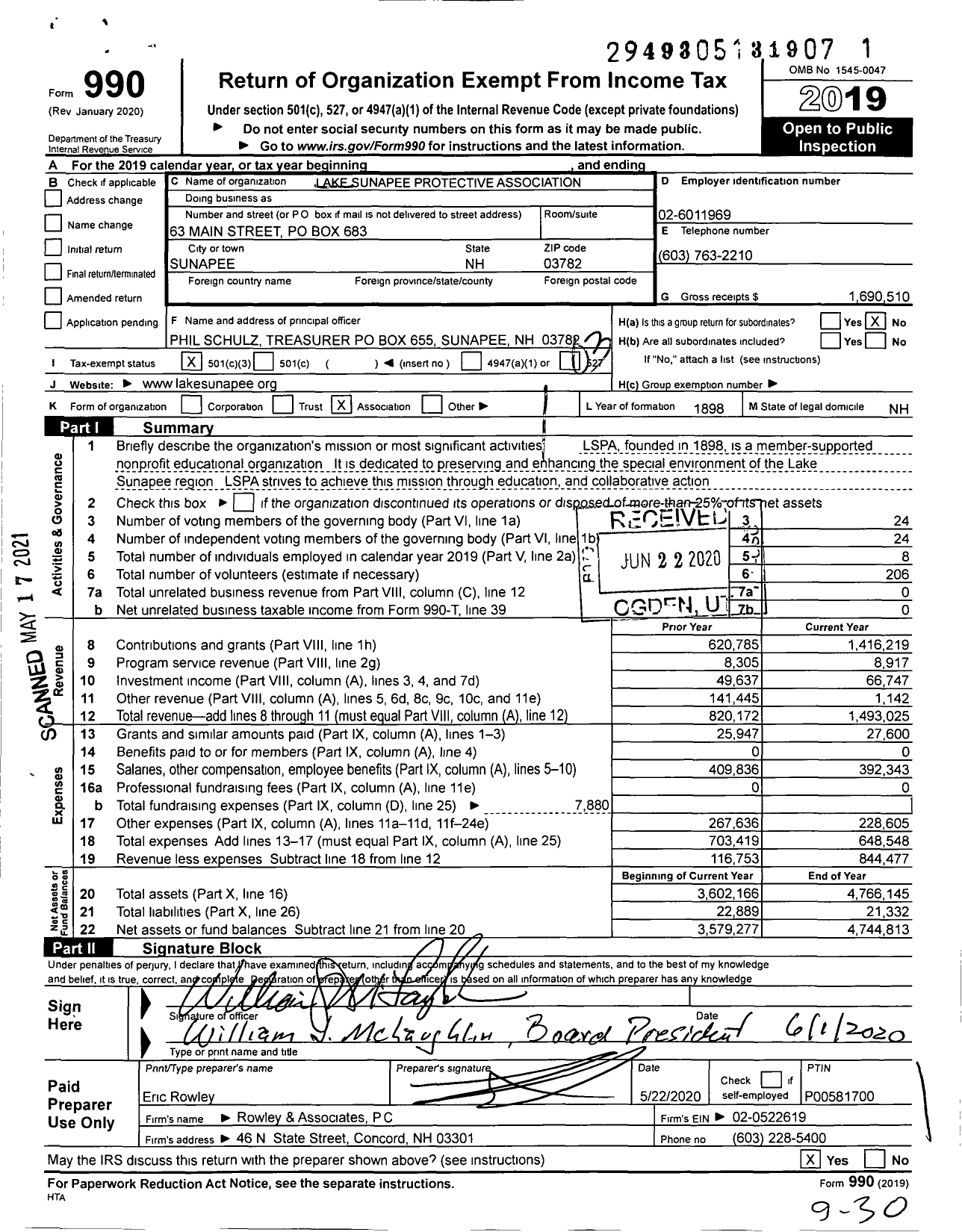 Image of first page of 2019 Form 990 for Lake Sunapee Protective Association (LSPA)