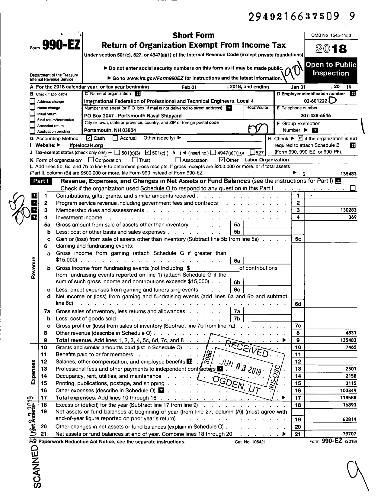 Image of first page of 2018 Form 990EO for International Federation of Professional and Technical Engineers - 4 Local