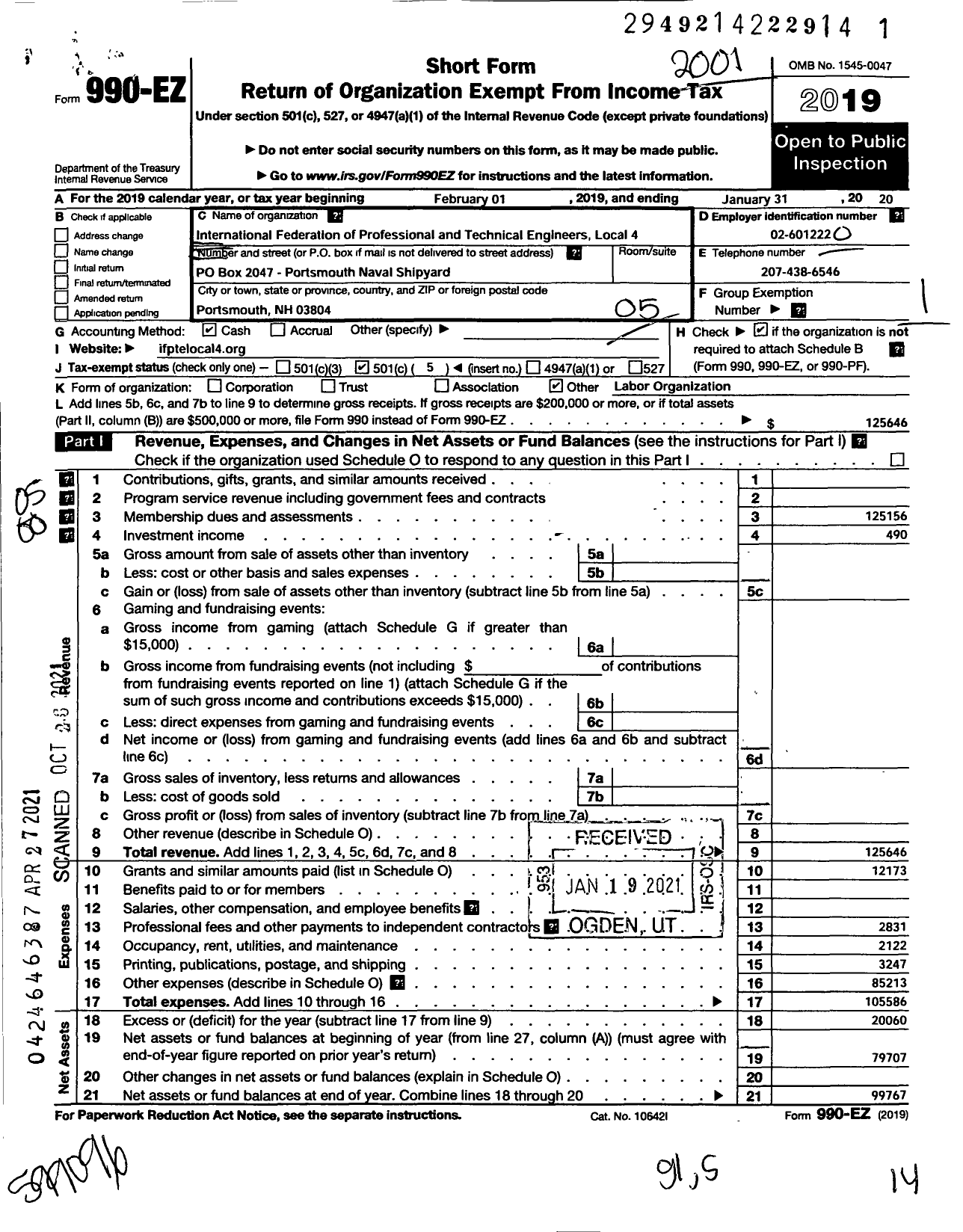 Image of first page of 2019 Form 990EO for International Federation of Professional and Technical Engineers - 4 Local