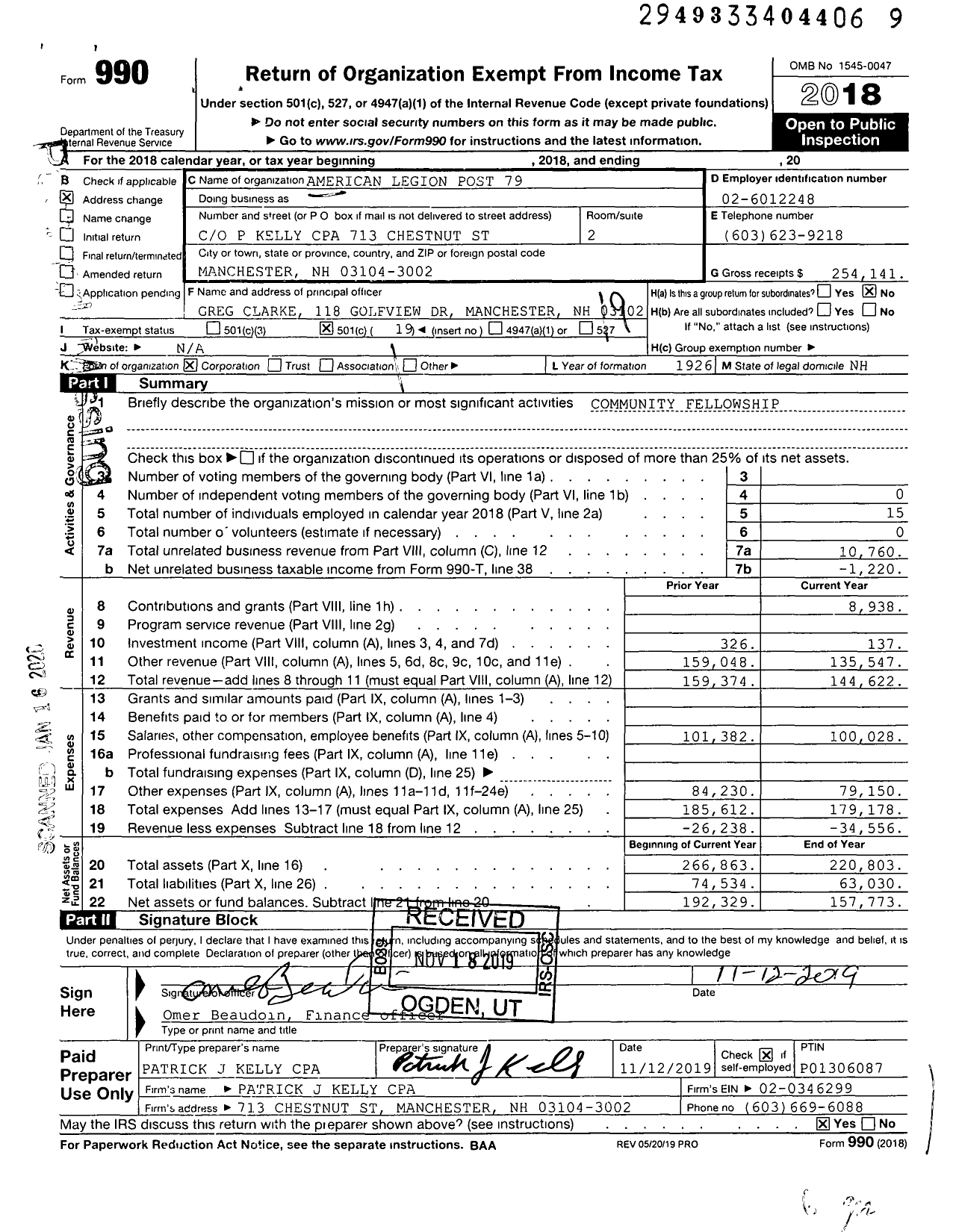 Image of first page of 2018 Form 990O for American Legion - 0079 Manchester