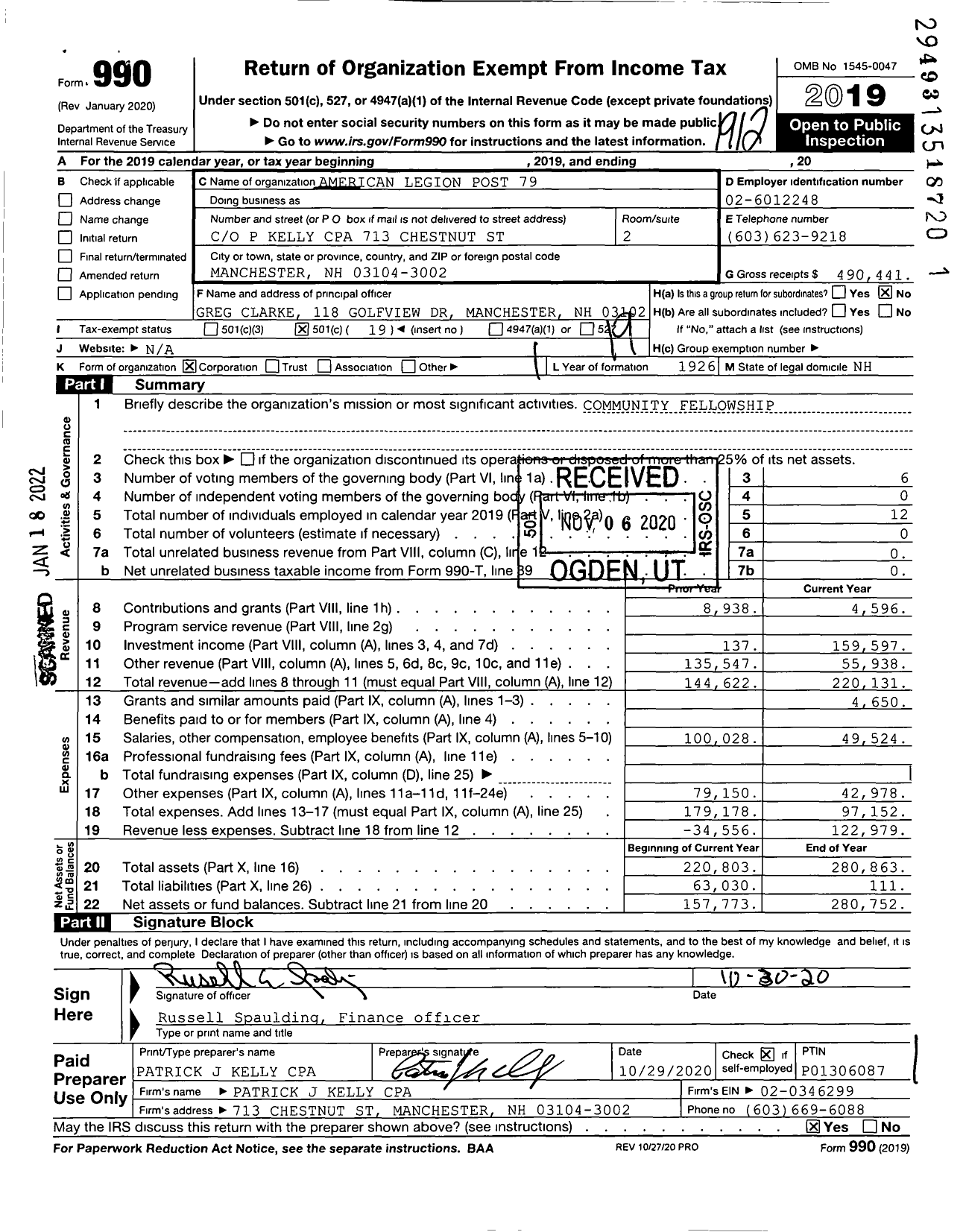 Image of first page of 2019 Form 990O for American Legion - 0079 Manchester