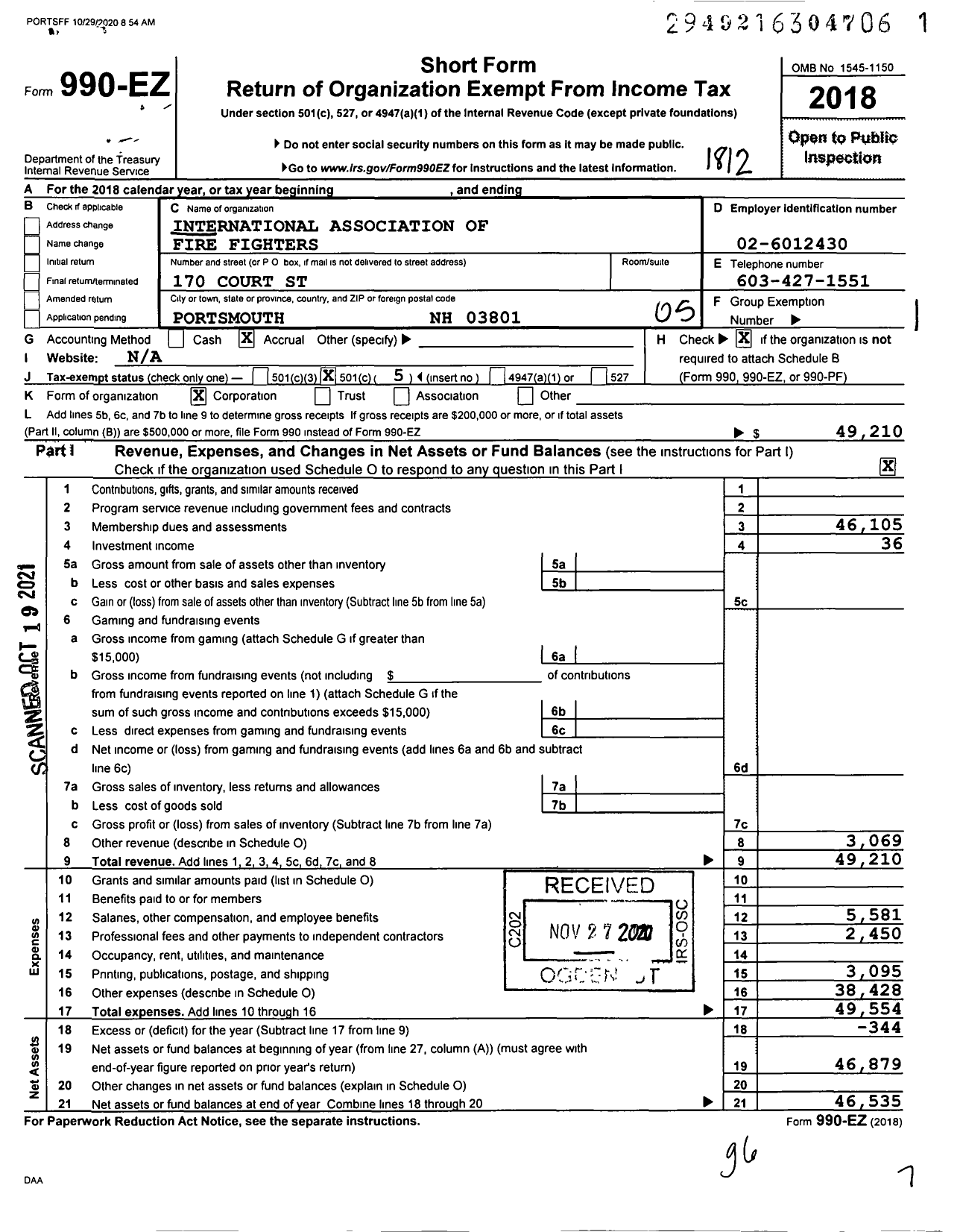 Image of first page of 2018 Form 990EO for International Association of Fire Fighters - L1313 Portsmouth