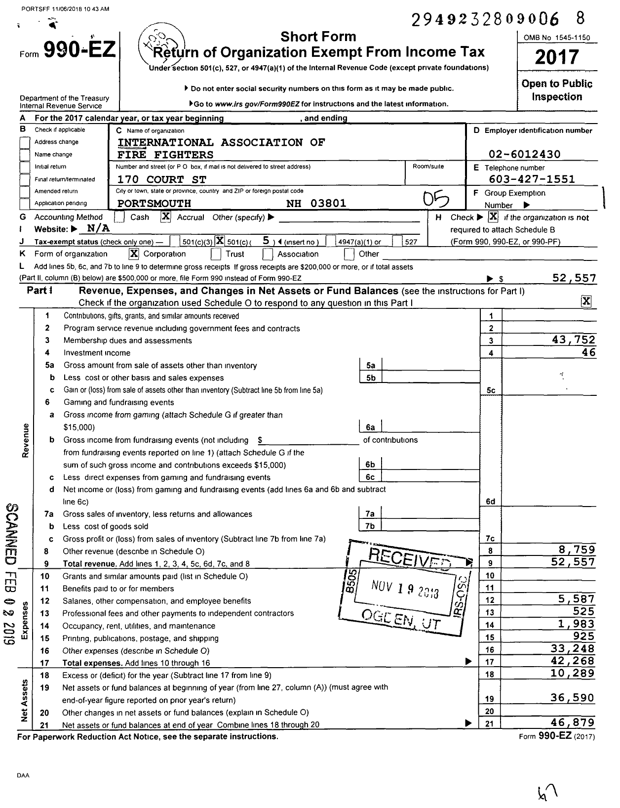 Image of first page of 2017 Form 990EO for International Association of Fire Fighters - L1313 Portsmouth