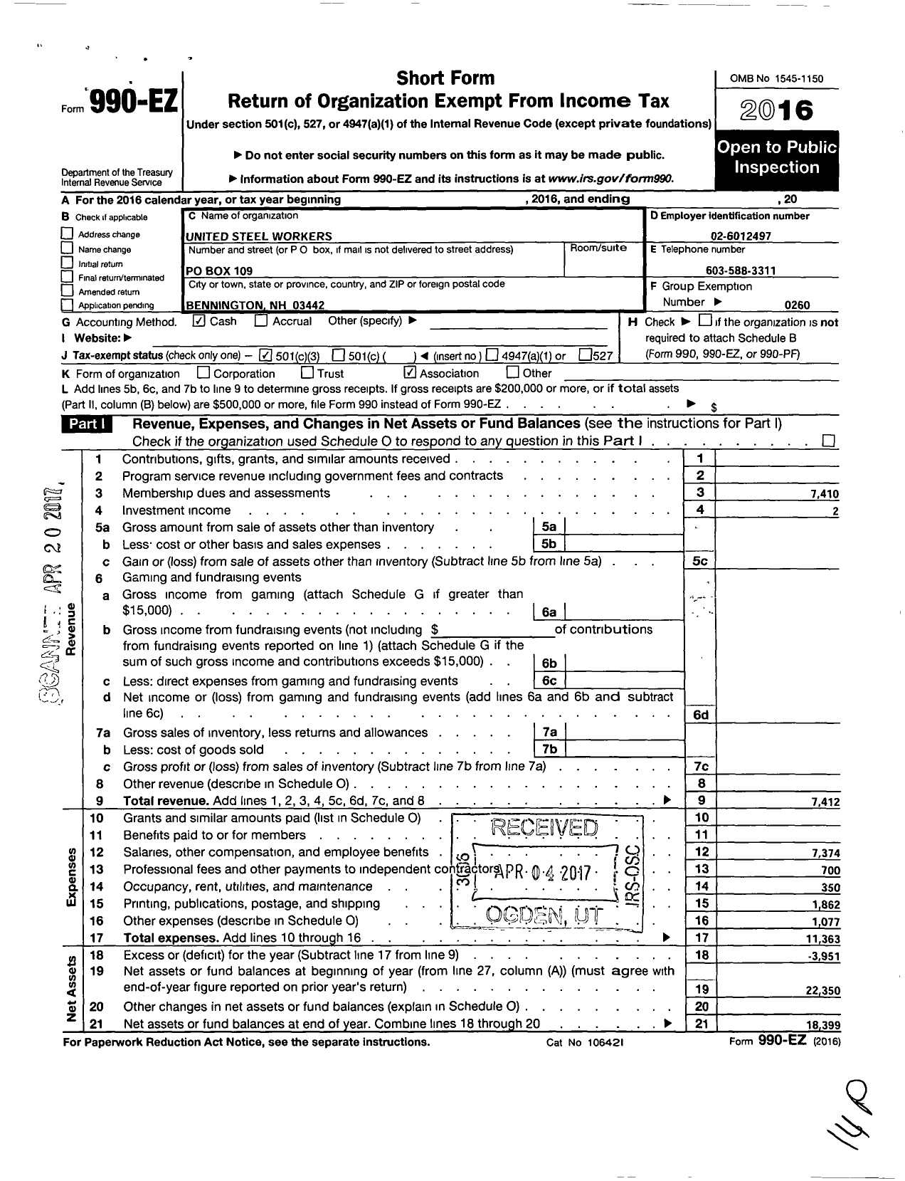 Image of first page of 2016 Form 990EZ for United Steelworkers - 4-00472 Local