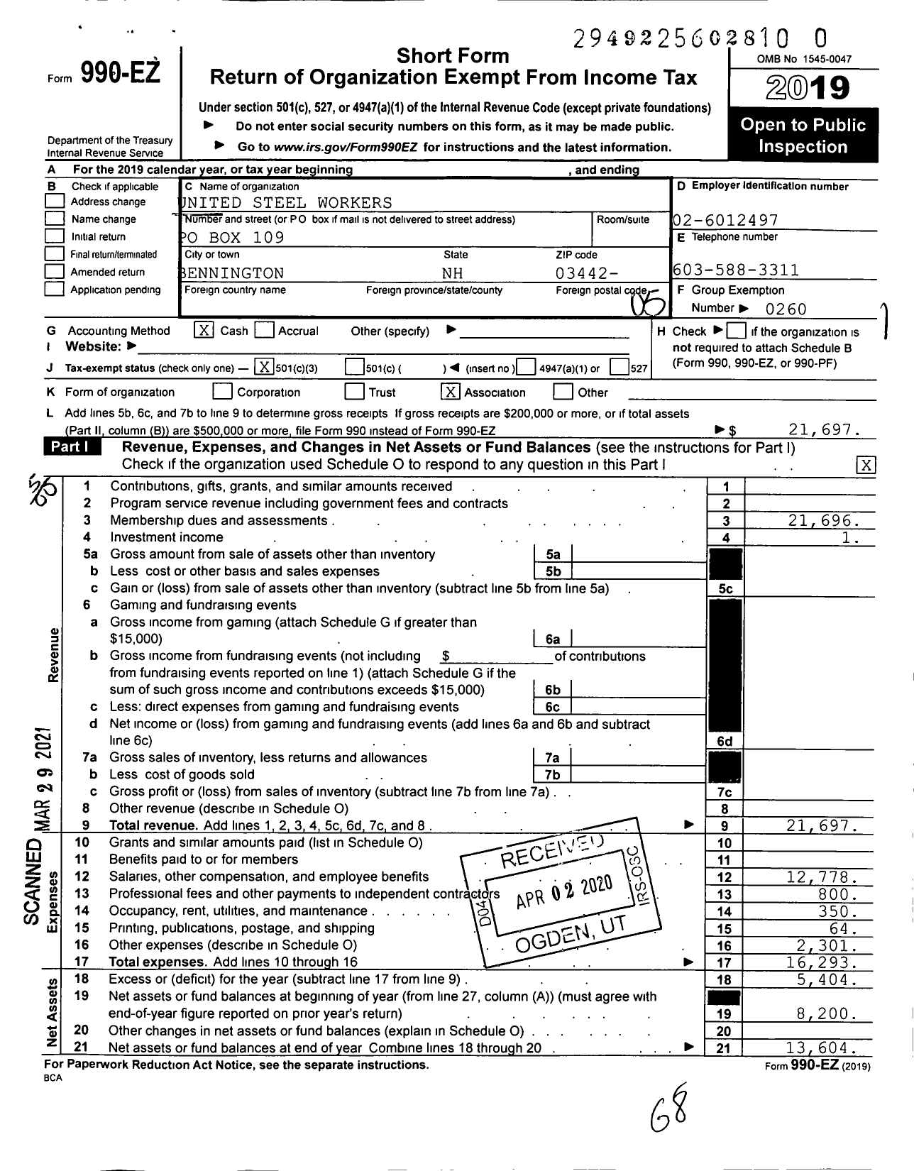 Image of first page of 2019 Form 990EO for United Steelworkers - 4-00472 Local