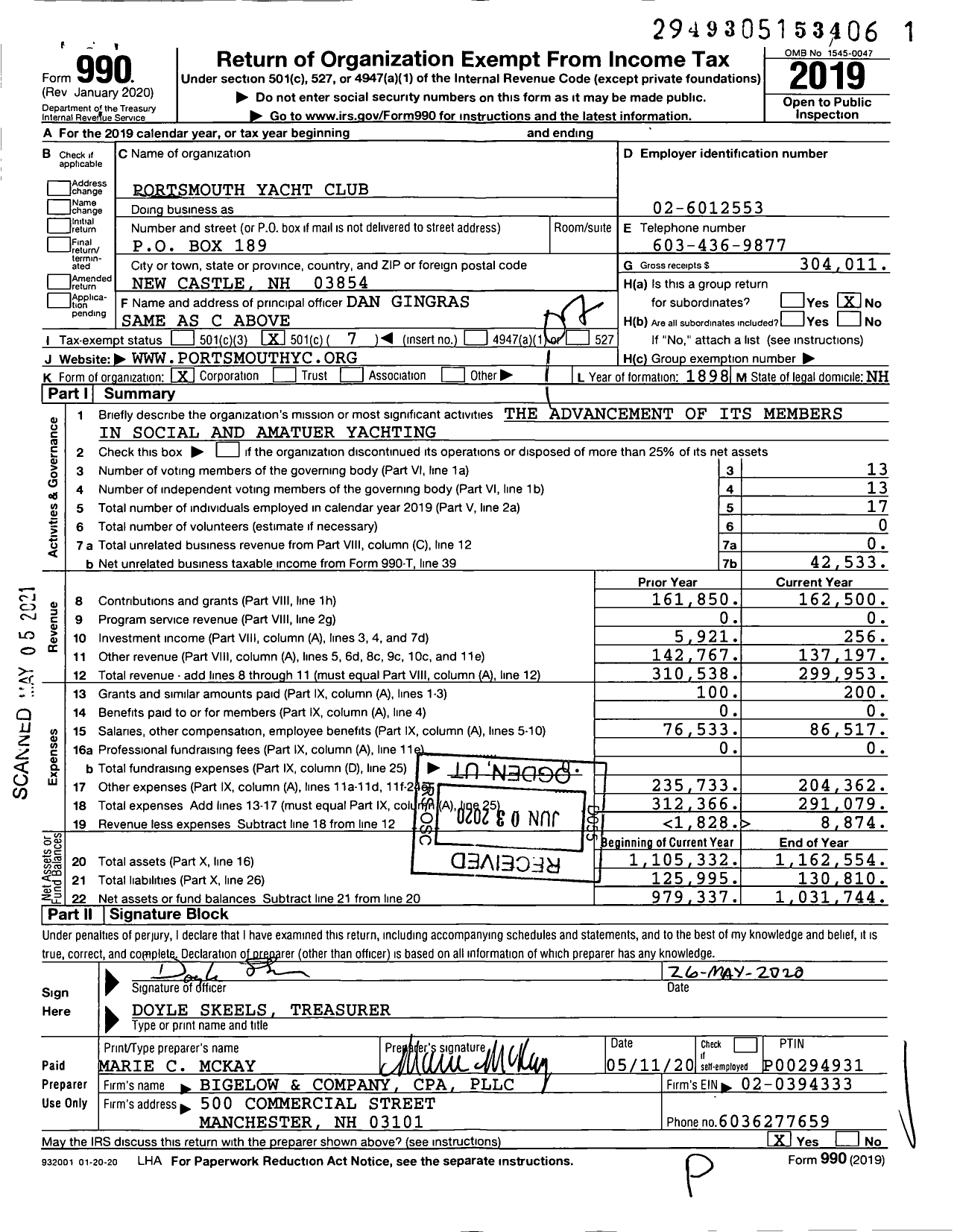 Image of first page of 2019 Form 990O for Portsmouth Yacht Club