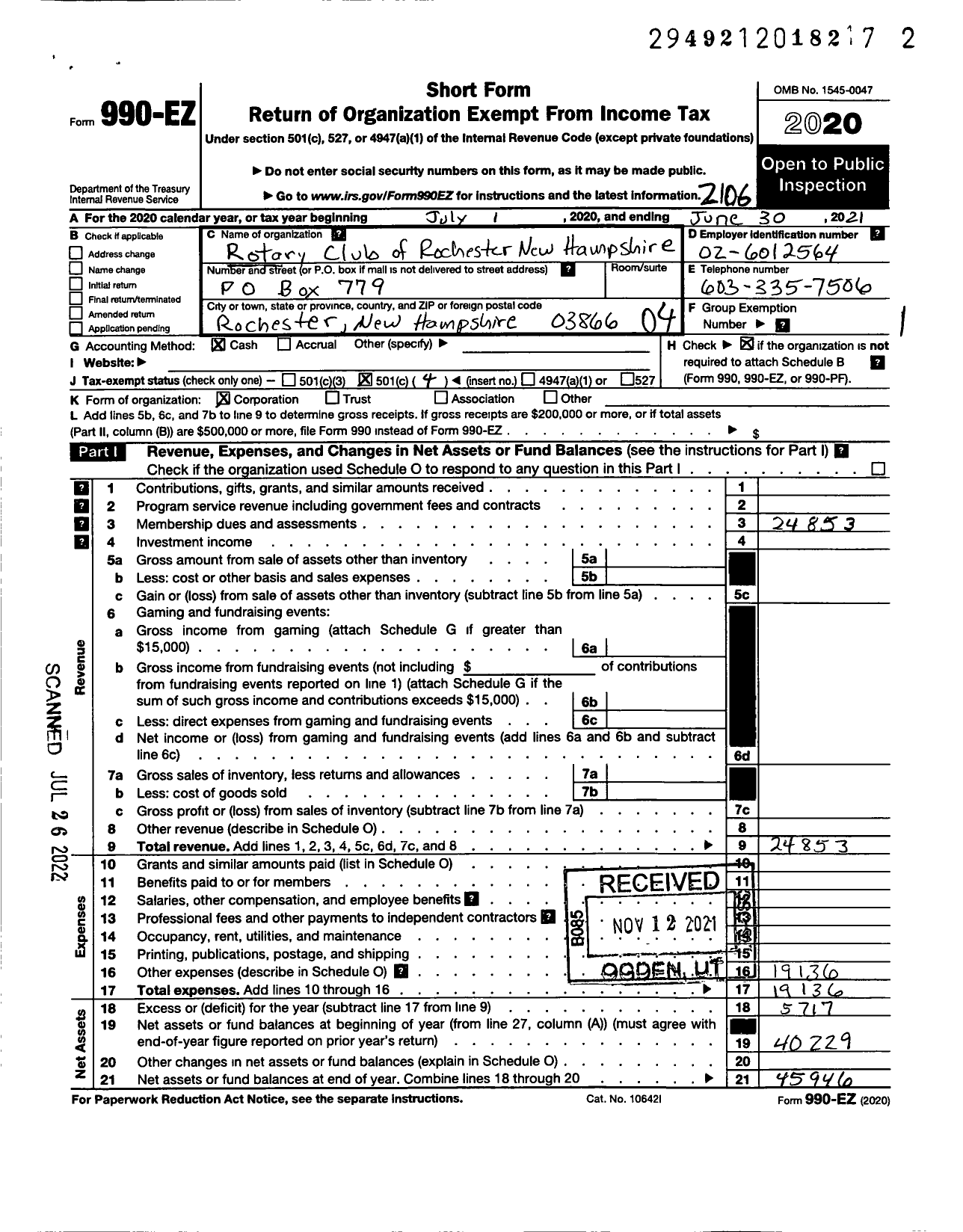 Image of first page of 2020 Form 990EO for Rotary International - Rochester Rotary Club