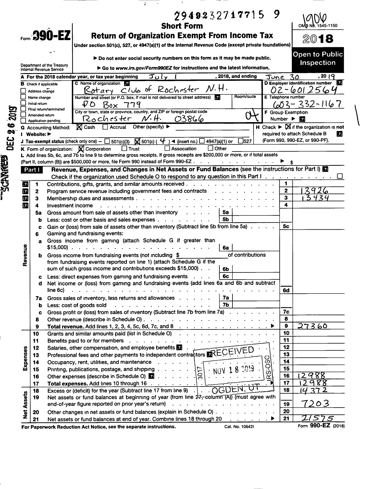 Image of first page of 2018 Form 990EO for Rotary International - Rochester Rotary Club