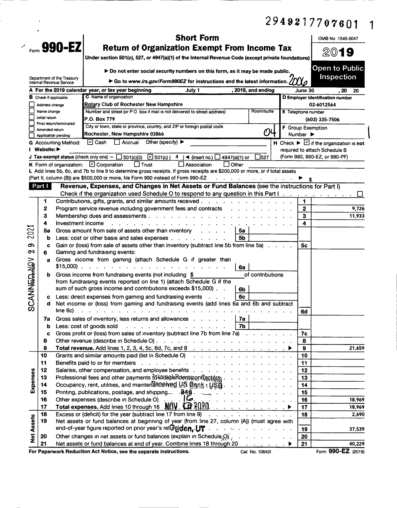 Image of first page of 2019 Form 990EO for Rotary International - Rochester Rotary Club