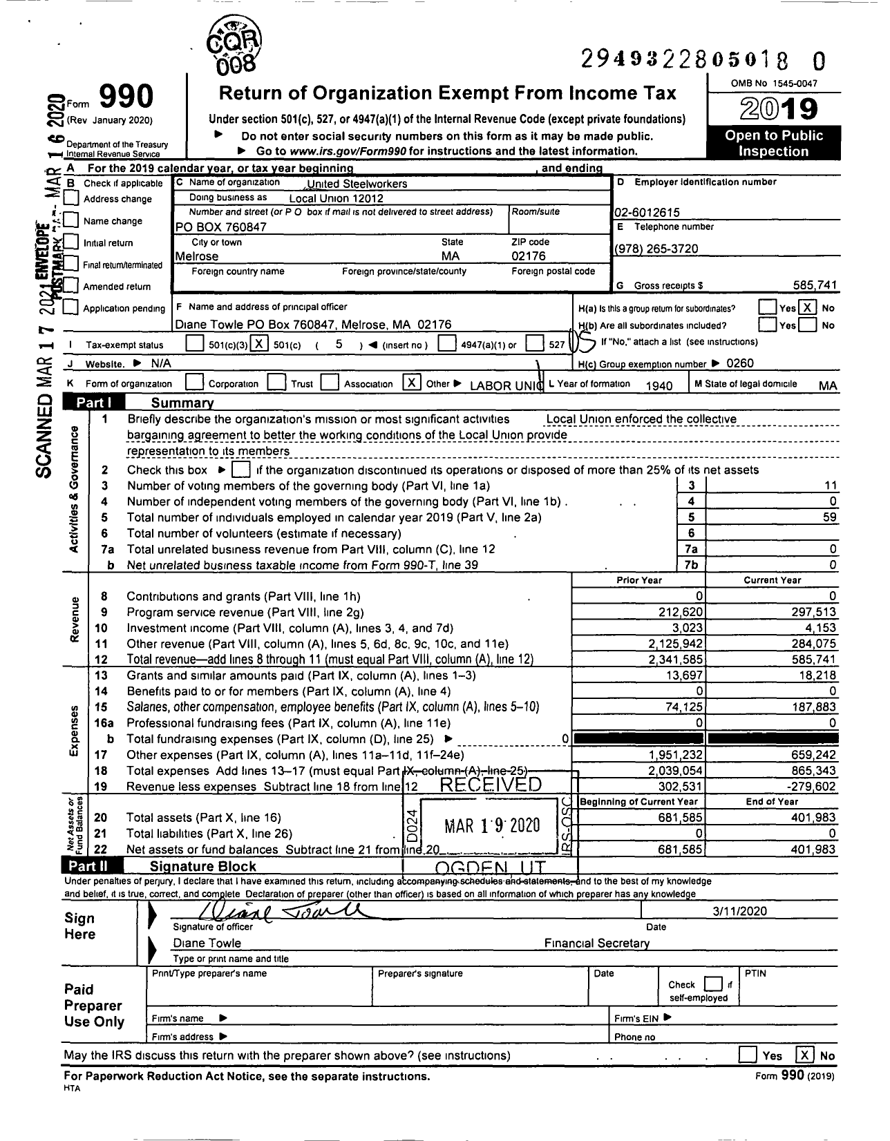 Image of first page of 2019 Form 990O for United Steelworkers - Local Union 12012