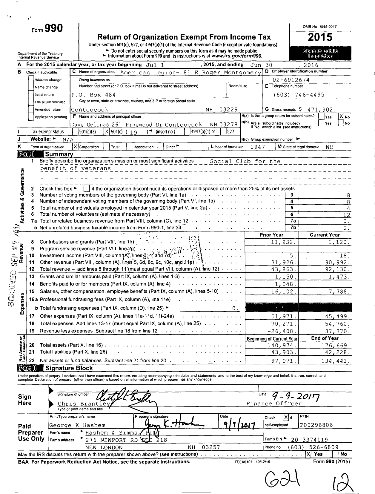 Image of first page of 2015 Form 990O for American Legion 81 E Roger Montgomery