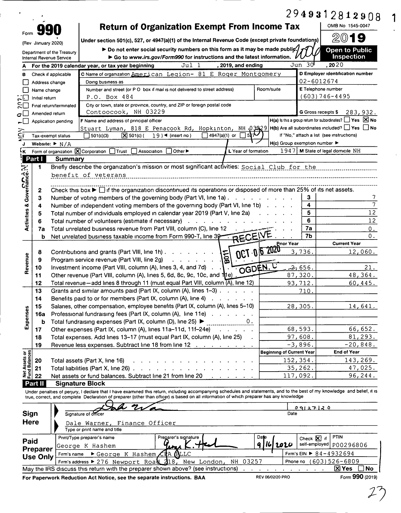Image of first page of 2019 Form 990O for American Legion 81 E Roger Montgomery