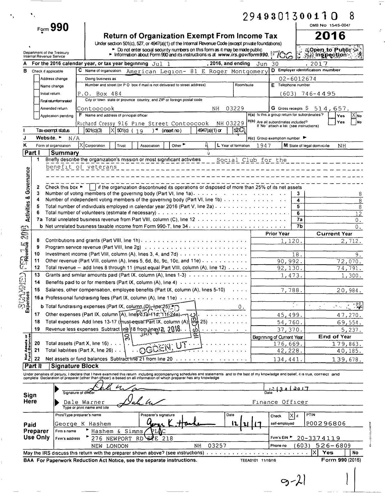 Image of first page of 2016 Form 990O for American Legion 81 E Roger Montgomery