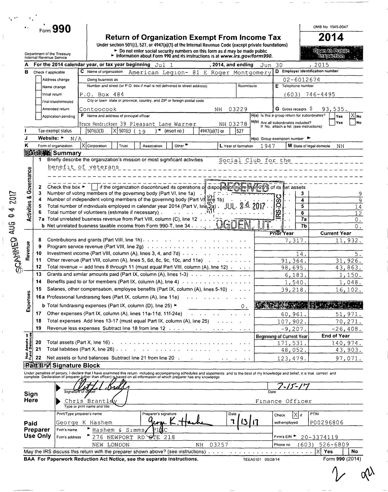 Image of first page of 2014 Form 990O for American Legion 81 E Roger Montgomery