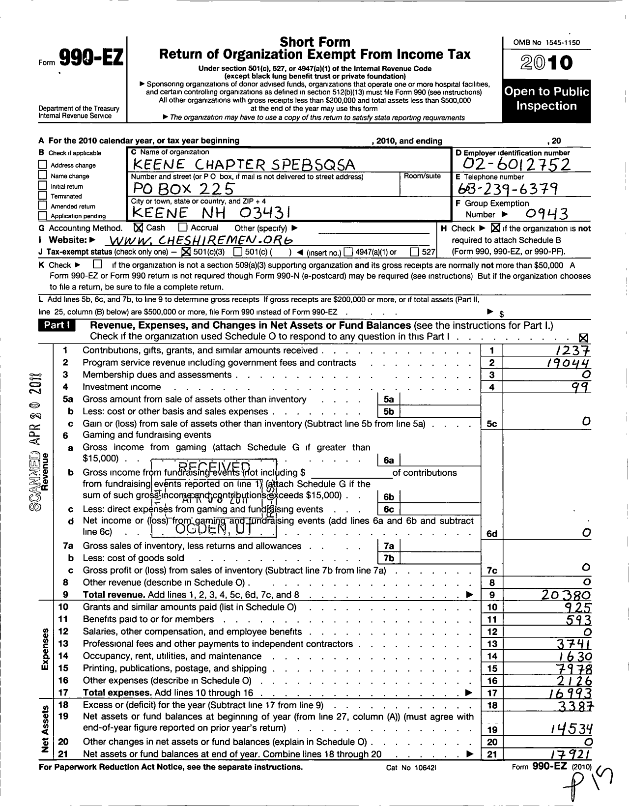 Image of first page of 2010 Form 990EZ for Barbershop Harmony Society - K040 Keene