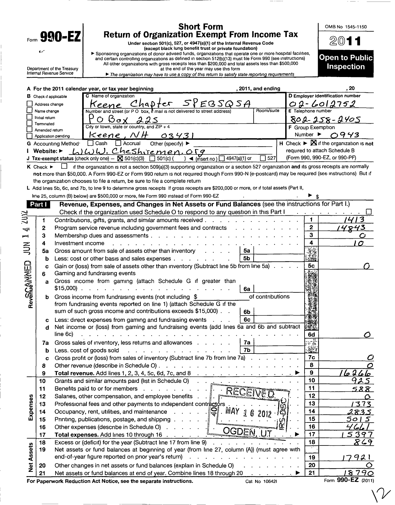 Image of first page of 2011 Form 990EZ for Barbershop Harmony Society - K040 Keene