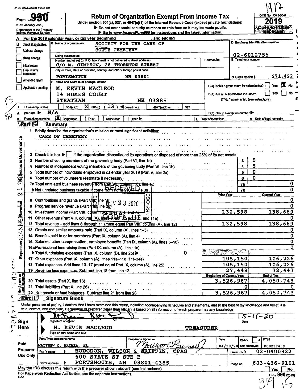 Image of first page of 2019 Form 990O for Society for the Care of South Cemetery