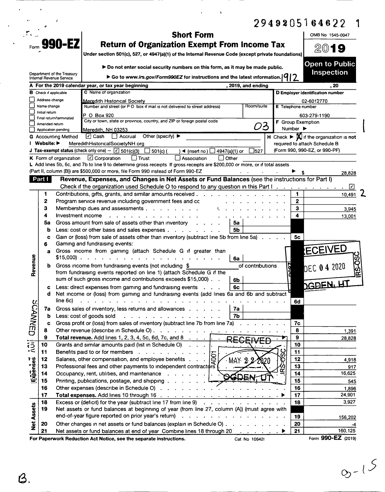 Image of first page of 2019 Form 990EZ for Meredith Historical Society