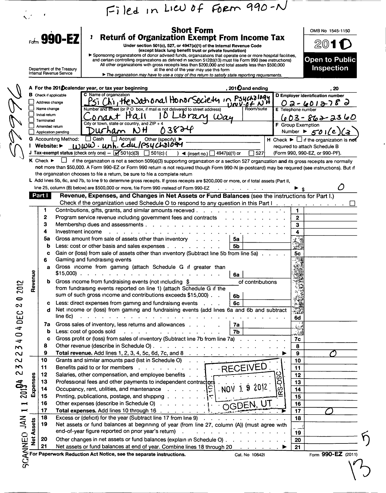 Image of first page of 2010 Form 990EZ for PSI CHI - University OF New Hampshire