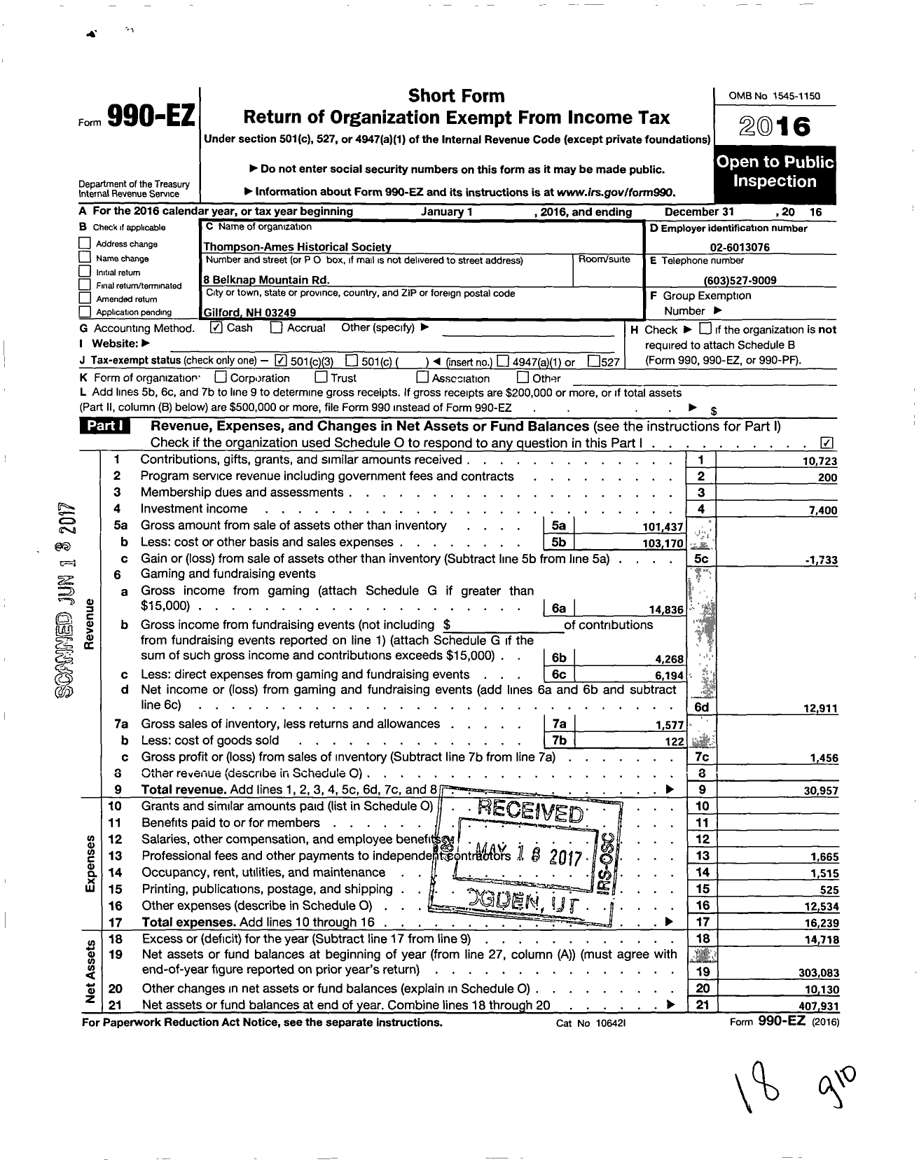 Image of first page of 2016 Form 990EZ for Thompson Ames Historical Society