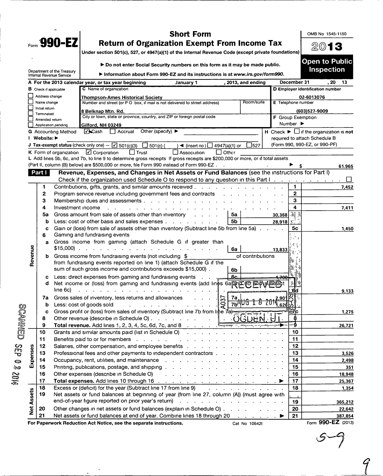 Image of first page of 2013 Form 990EZ for Thompson Ames Historical Society