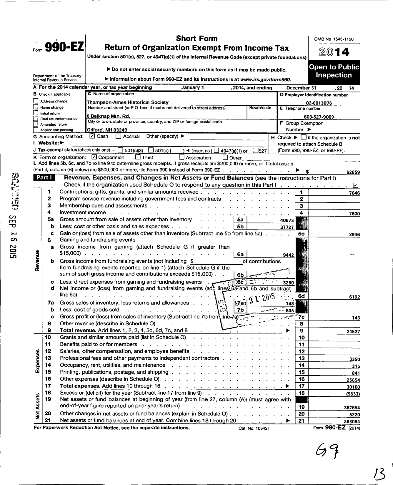 Image of first page of 2014 Form 990EO for Thompson Ames Historical Society