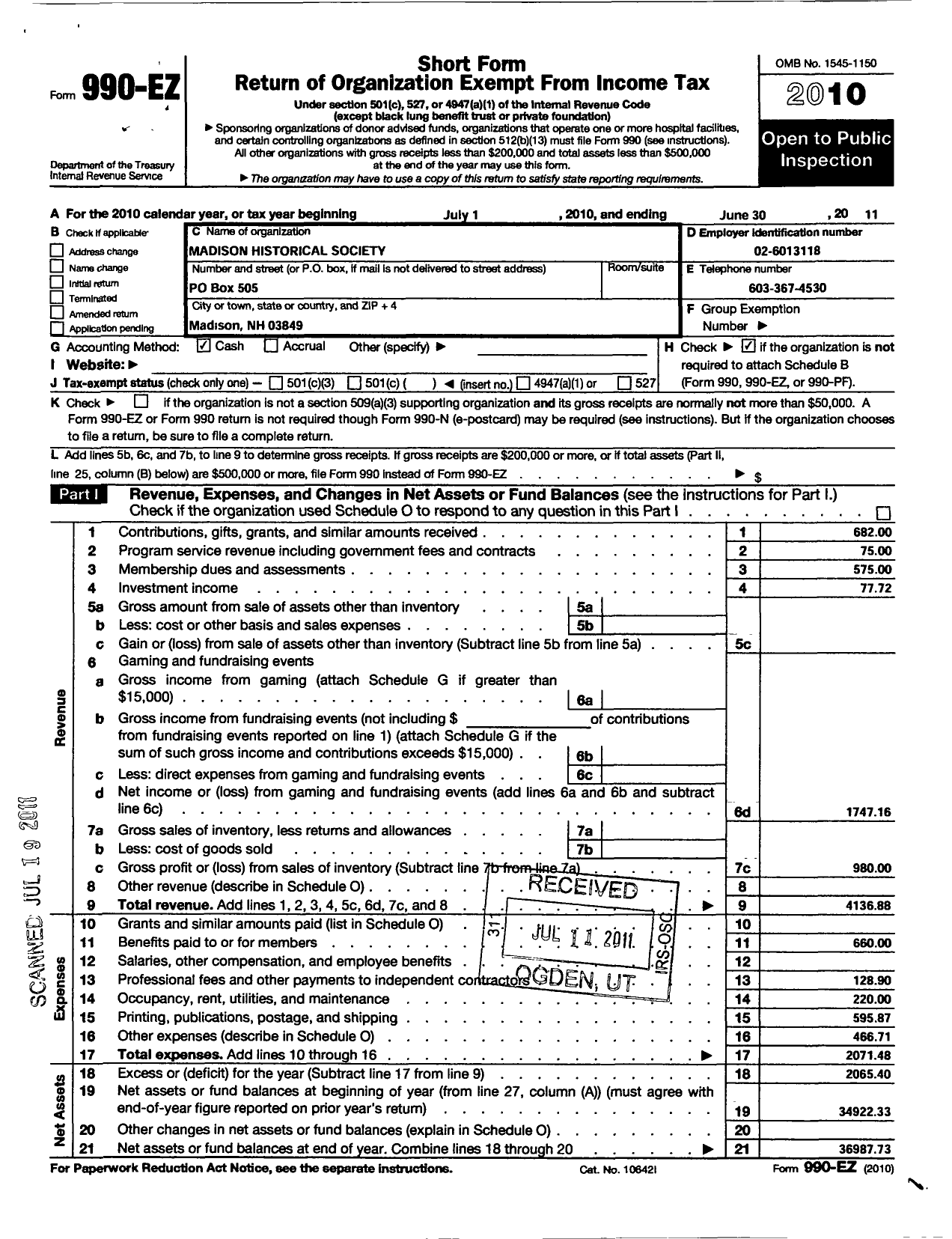 Image of first page of 2010 Form 990EO for Madison Historical Society