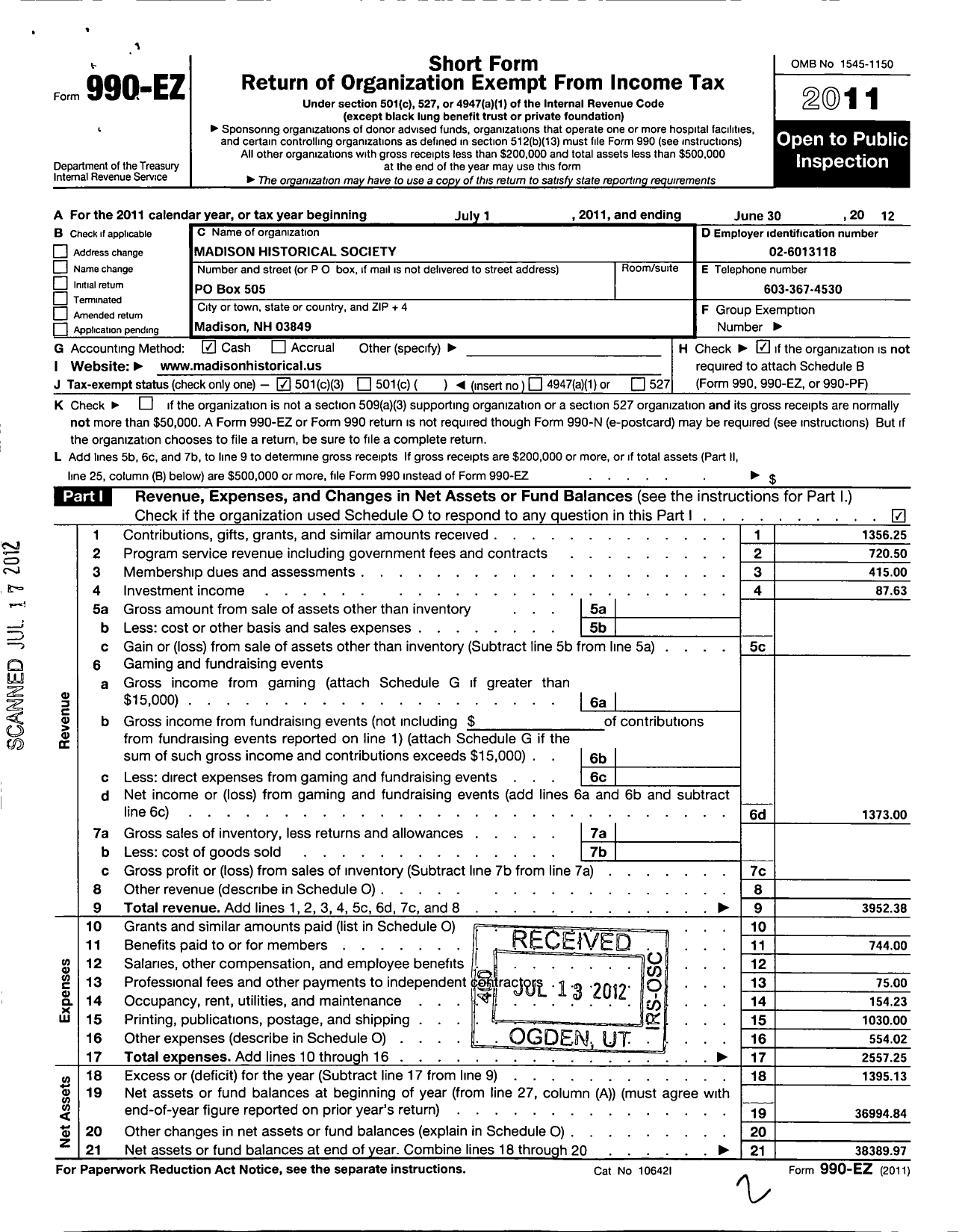 Image of first page of 2011 Form 990EZ for Madison Historical Society