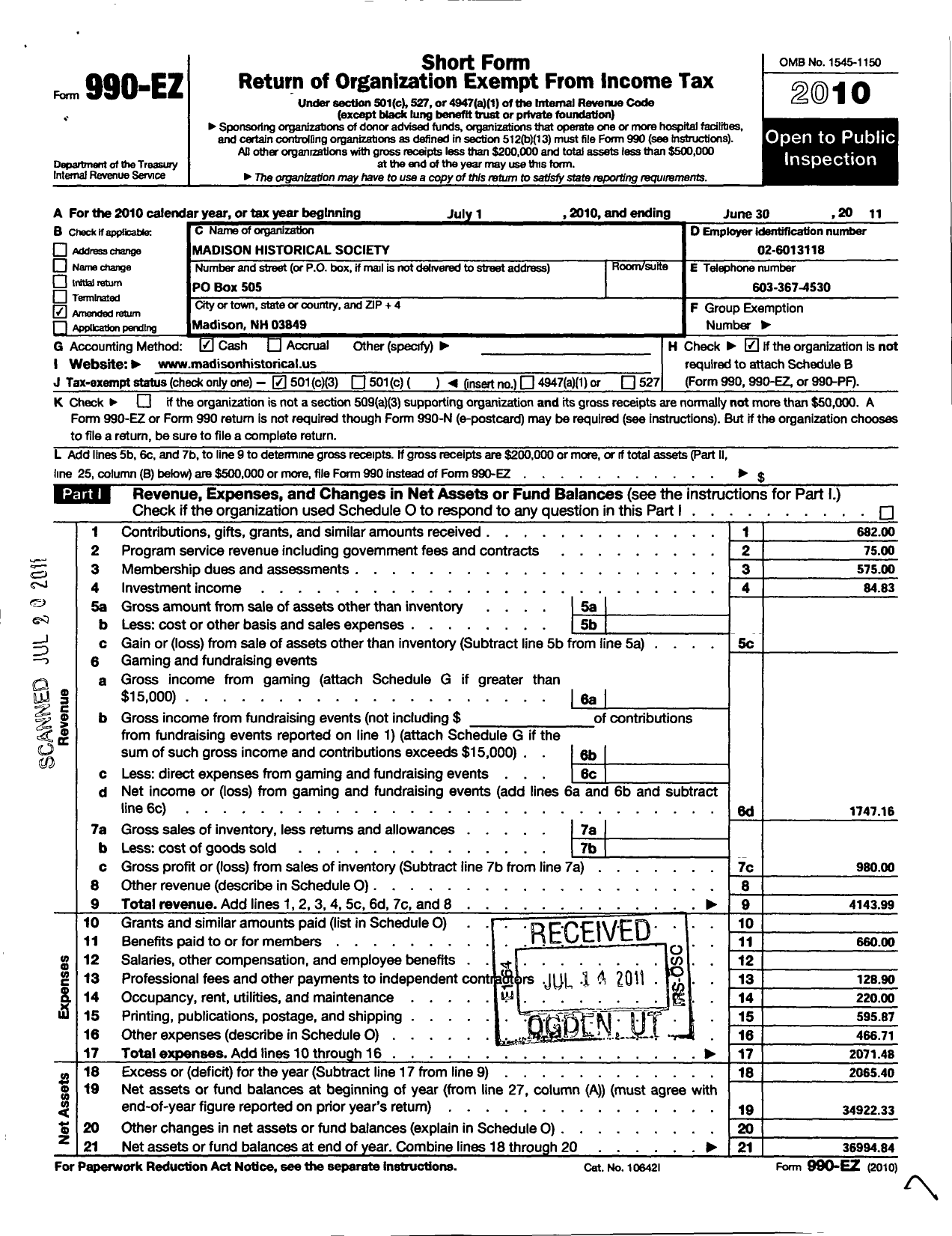 Image of first page of 2010 Form 990EZ for Madison Historical Society