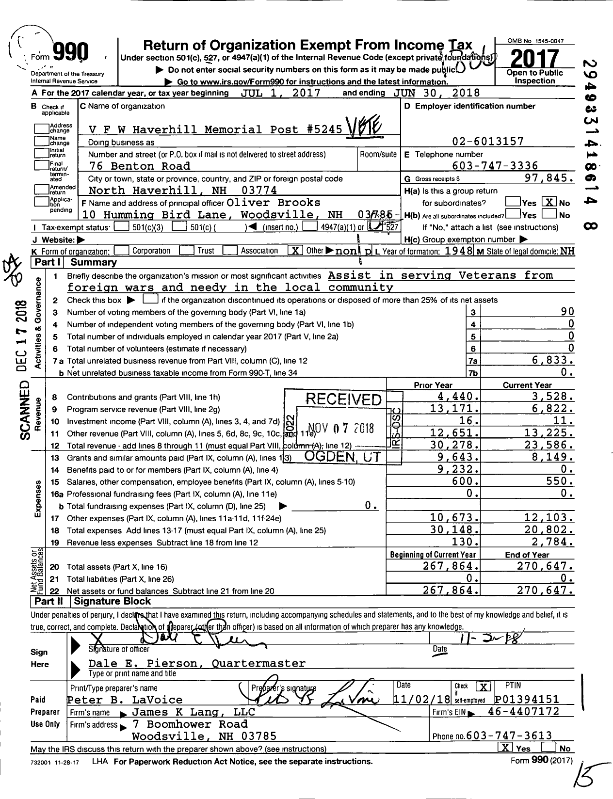 Image of first page of 2017 Form 990O for Veterans of Foreign Wars Department of New Hampshire - 5245 Haverhill Memorial Post