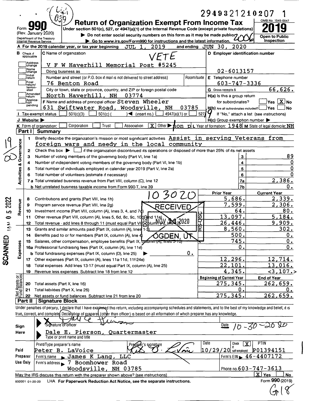 Image of first page of 2019 Form 990O for Veterans of Foreign Wars Department of New Hampshire - 5245 Haverhill Memorial Post