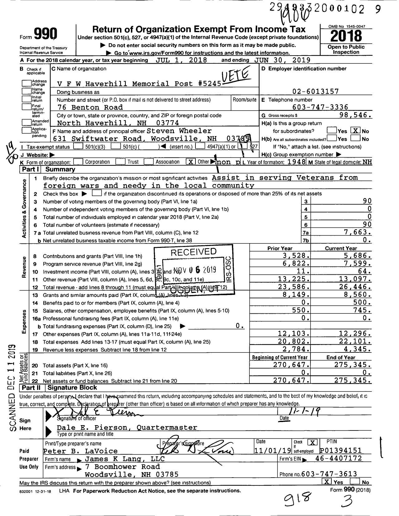 Image of first page of 2018 Form 990O for Veterans of Foreign Wars Department of New Hampshire - 5245 Haverhill Memorial Post