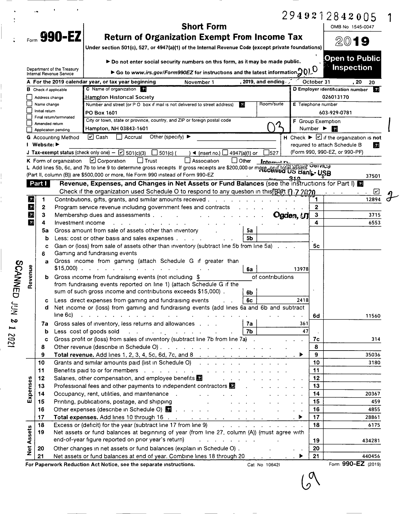 Image of first page of 2019 Form 990EZ for Hampton Historical Society