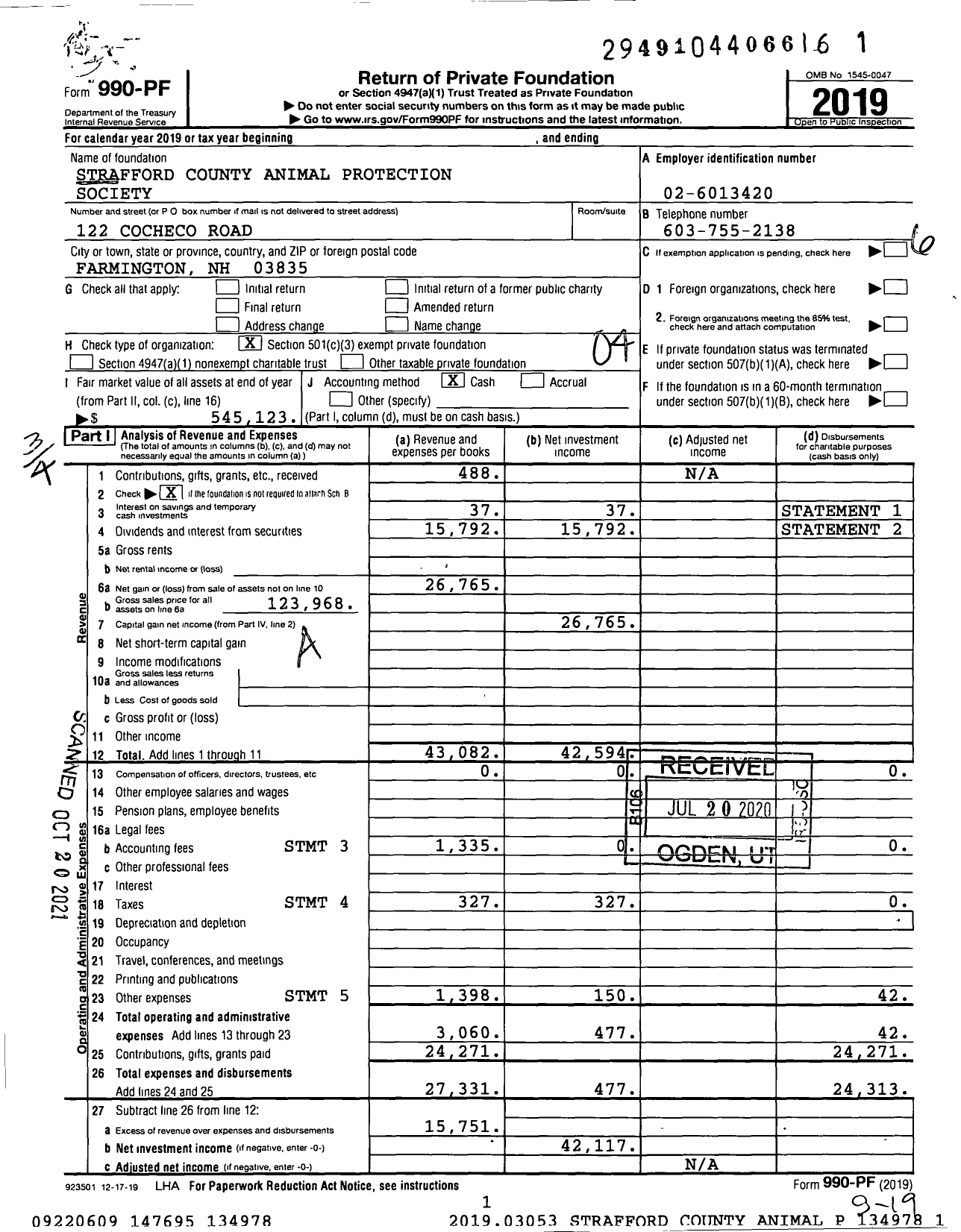 Image of first page of 2019 Form 990PF for Strafford County Animal Protection Society