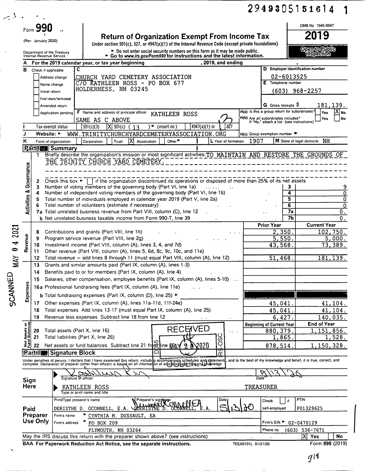 Image of first page of 2019 Form 990O for Church Yard Cemetery Association