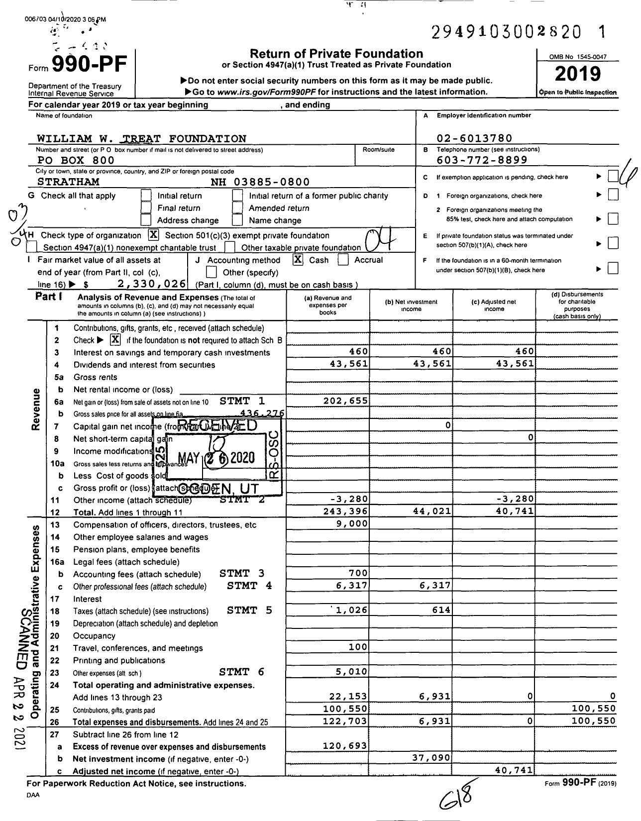 Image of first page of 2019 Form 990PF for William W Treat Foundation