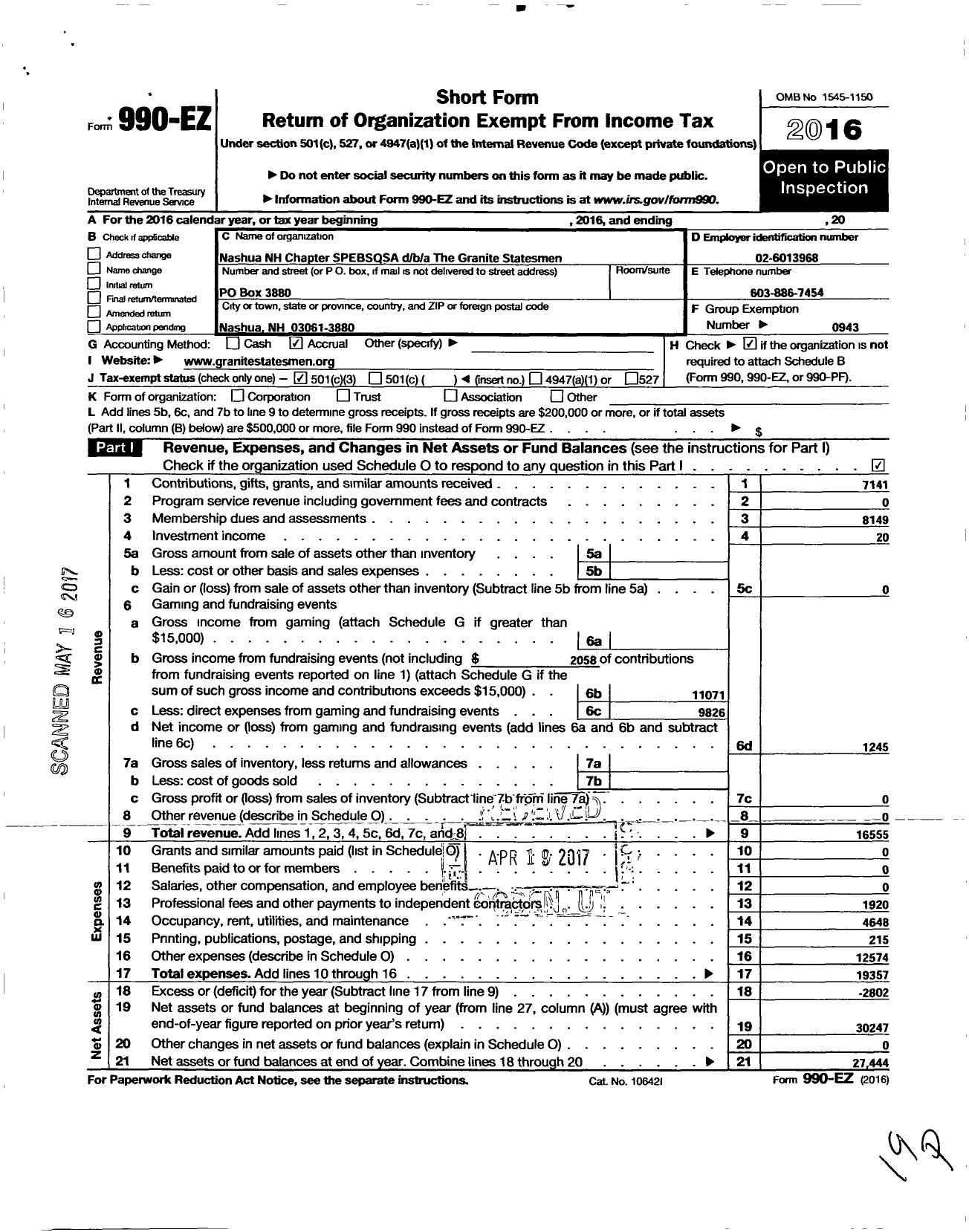 Image of first page of 2016 Form 990EZ for Barbershop Harmony Society - The Granite Statemen